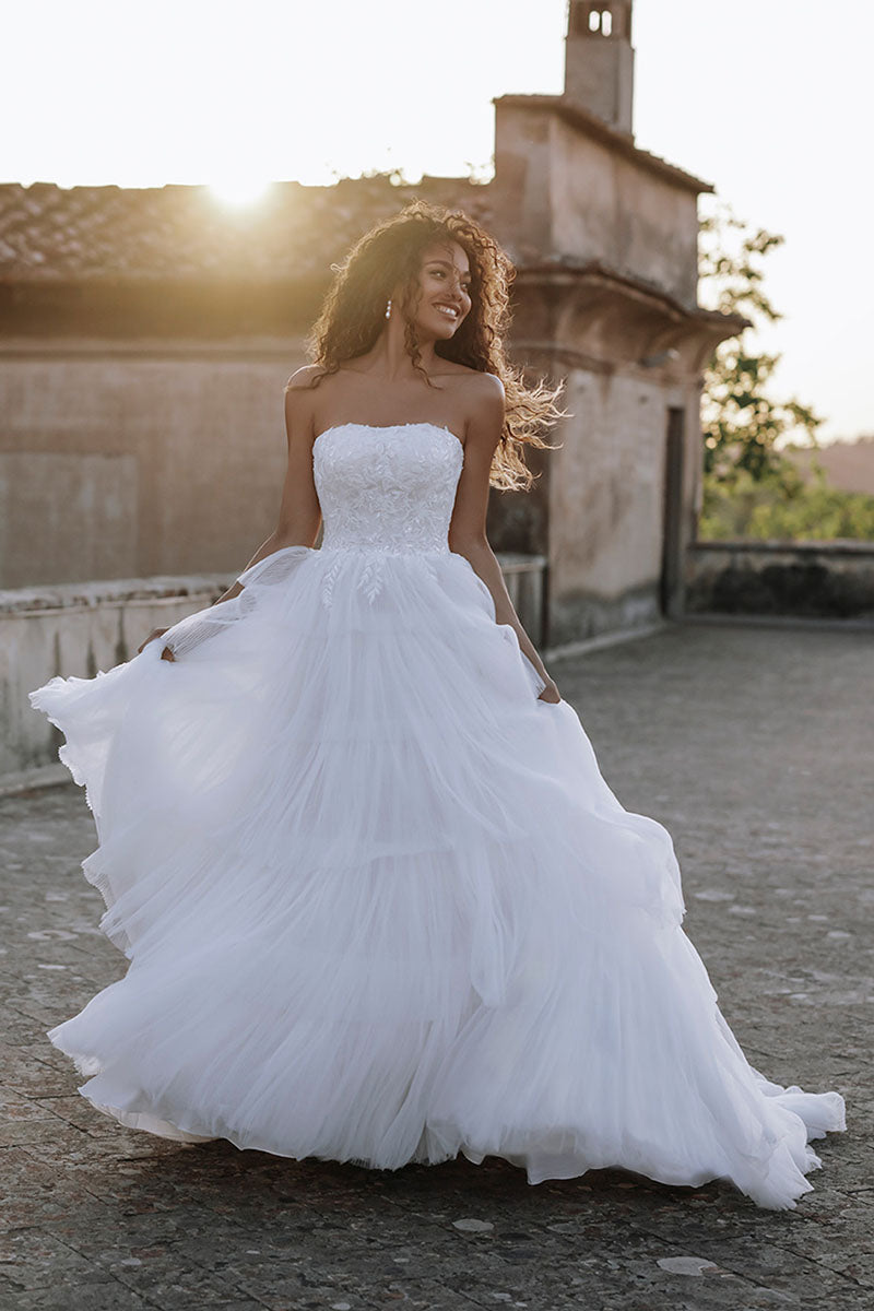 K1189 - Strapless Lace Appliqued Tulle Ball Wedding Gown With Detachable Gown