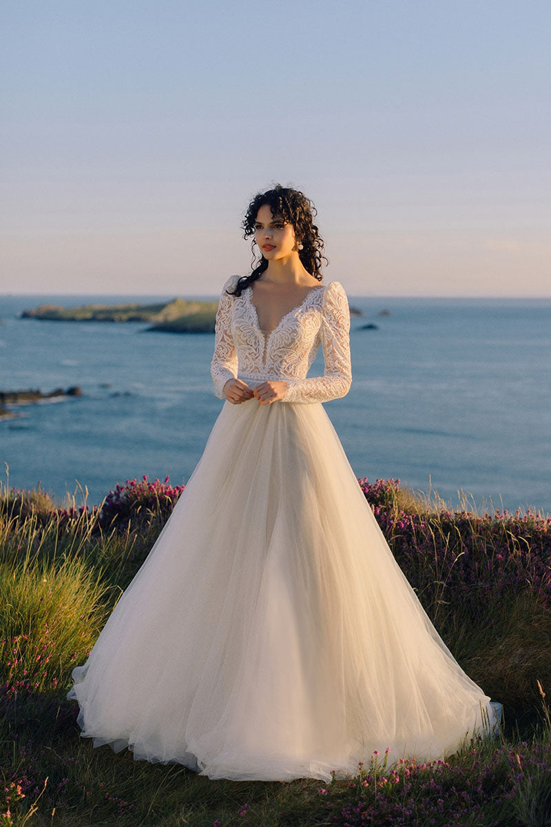 K1190 - Low V-Neck Lace Long Sleeves Tulle A-Line Wedding Dress