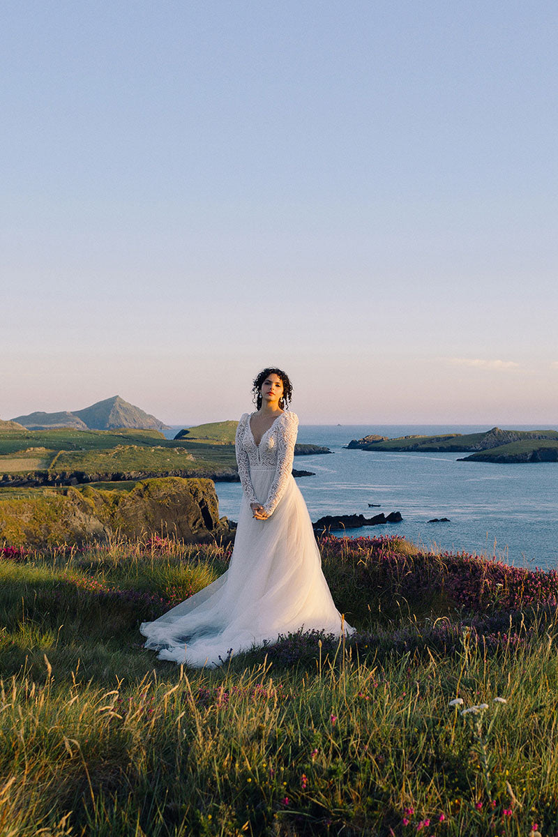 K1190 - Low V-Neck Lace Long Sleeves Tulle A-Line Wedding Dress