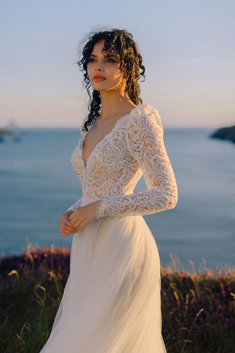 K1190 - Low V-Neck Lace Long Sleeves Tulle A-Line Wedding Dress