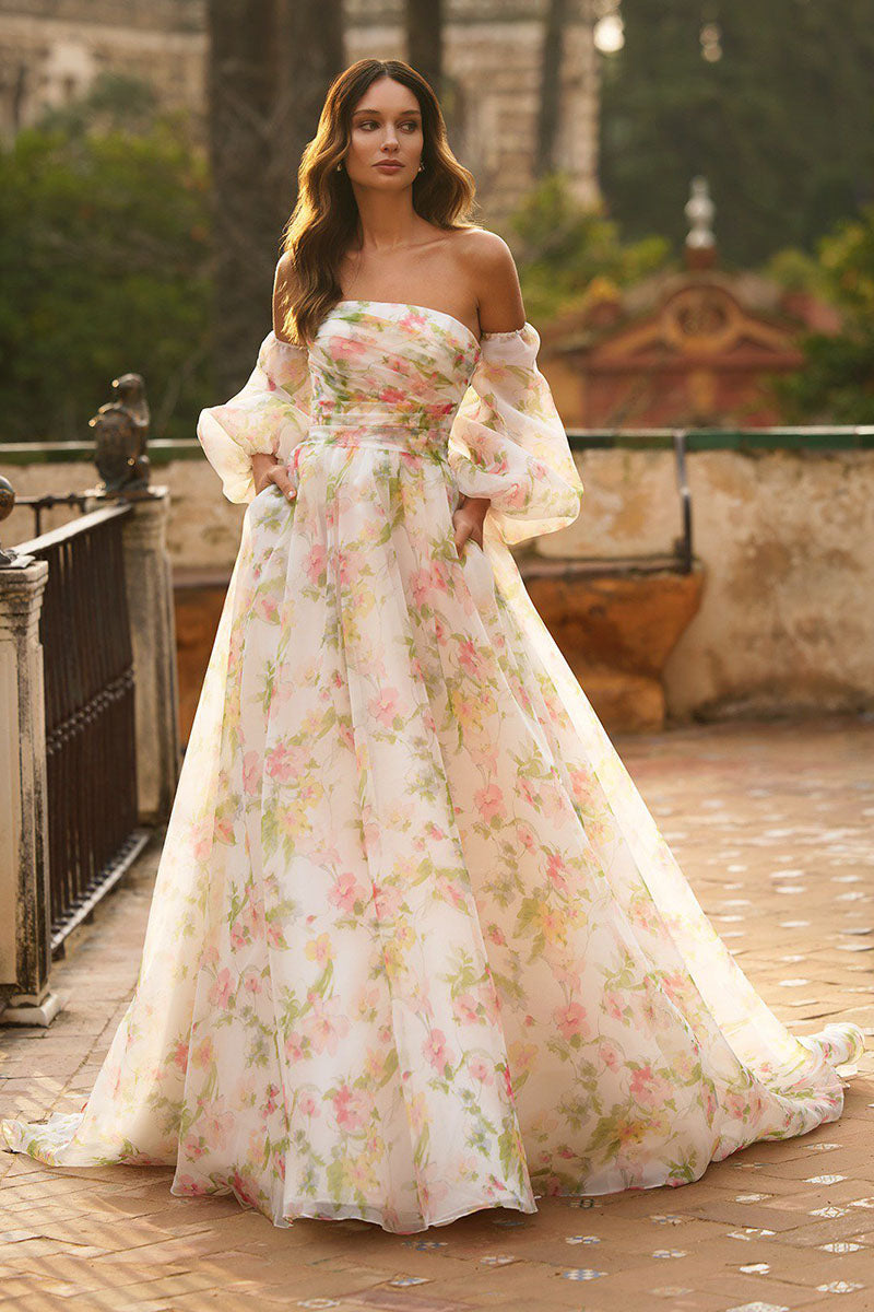 K1191 - Strapless Floral Ruched Chiffon A-Line Wedding Dress With Detachable Sleeves