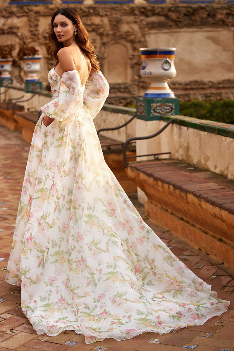 K1191 - Strapless Floral Ruched Chiffon A-Line Wedding Dress With Detachable Sleeves