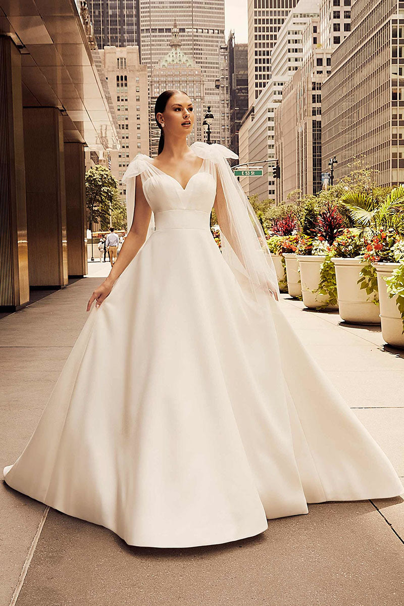 K1192 - Sweetheart Satin Tulle A-Line Long Wedding Dress With Sweep Train