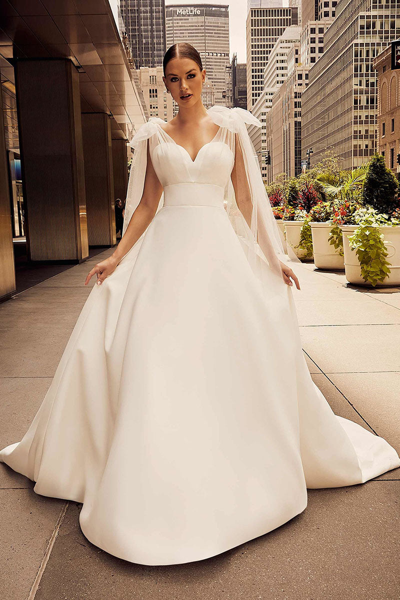 K1192 - Sweetheart Satin Tulle A-Line Long Wedding Dress With Sweep Train