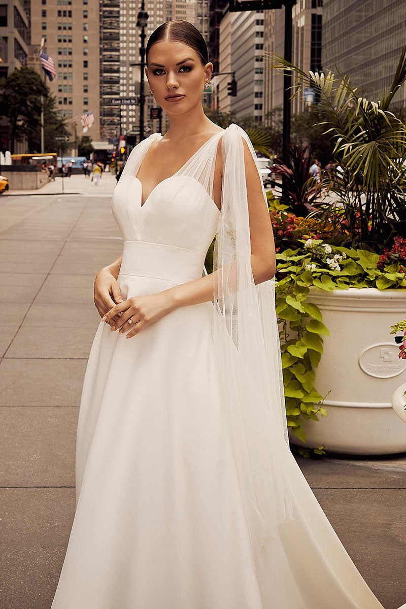 K1192 - Sweetheart Satin Tulle A-Line Long Wedding Dress With Sweep Train