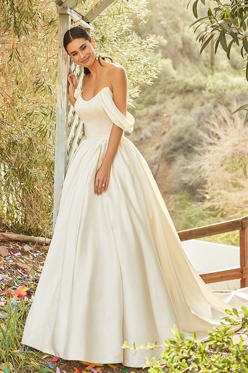 K1194 - Off -Shoulder Strapless Satin Long Ball Wedding Gown With Sweep Train