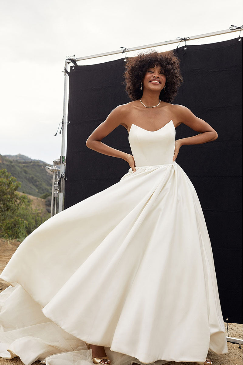 K1194 - Off -Shoulder Strapless Satin Long Ball Wedding Gown With Sweep Train