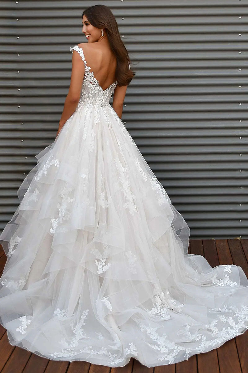 K1195 - V-Neck Lace Appliqued Tulle Ball Wedding Dress With Sweep Train