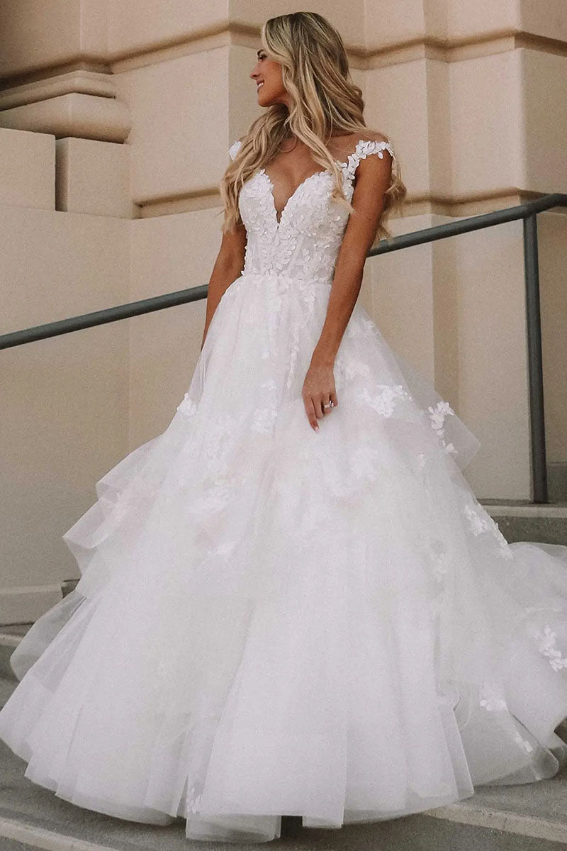 K1195 - V-Neck Lace Appliqued Tulle Ball Wedding Dress With Sweep Train