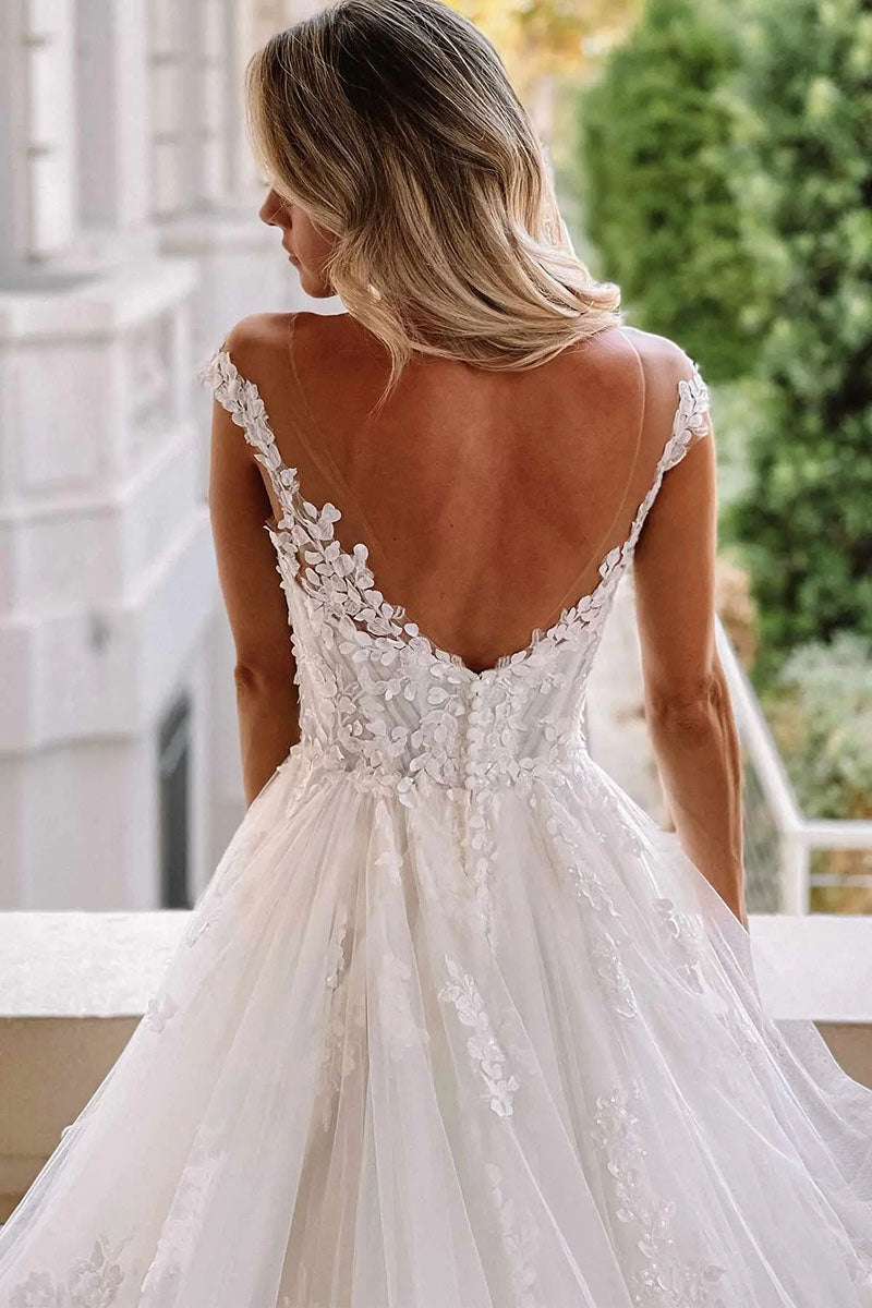 K1195 - V-Neck Lace Appliqued Tulle Ball Wedding Dress With Sweep Train