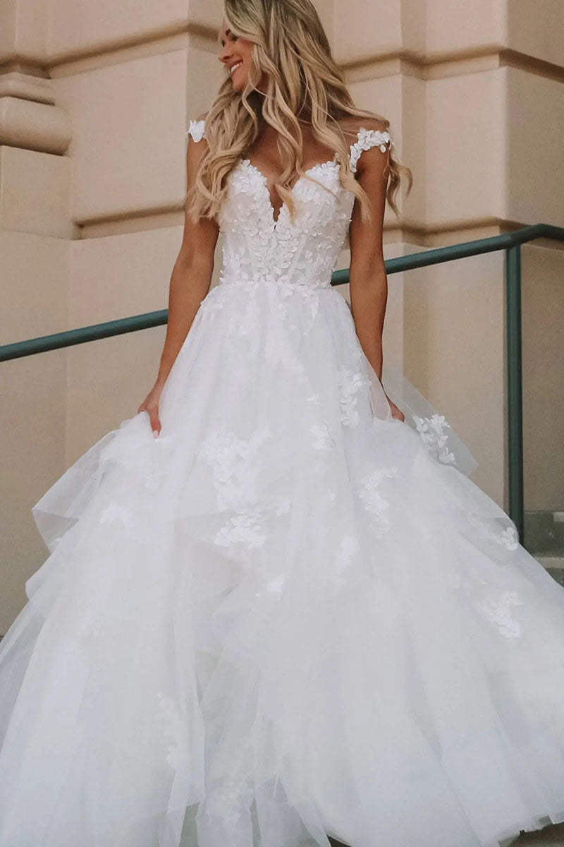 K1195 - V-Neck Lace Appliqued Tulle Ball Wedding Dress With Sweep Train