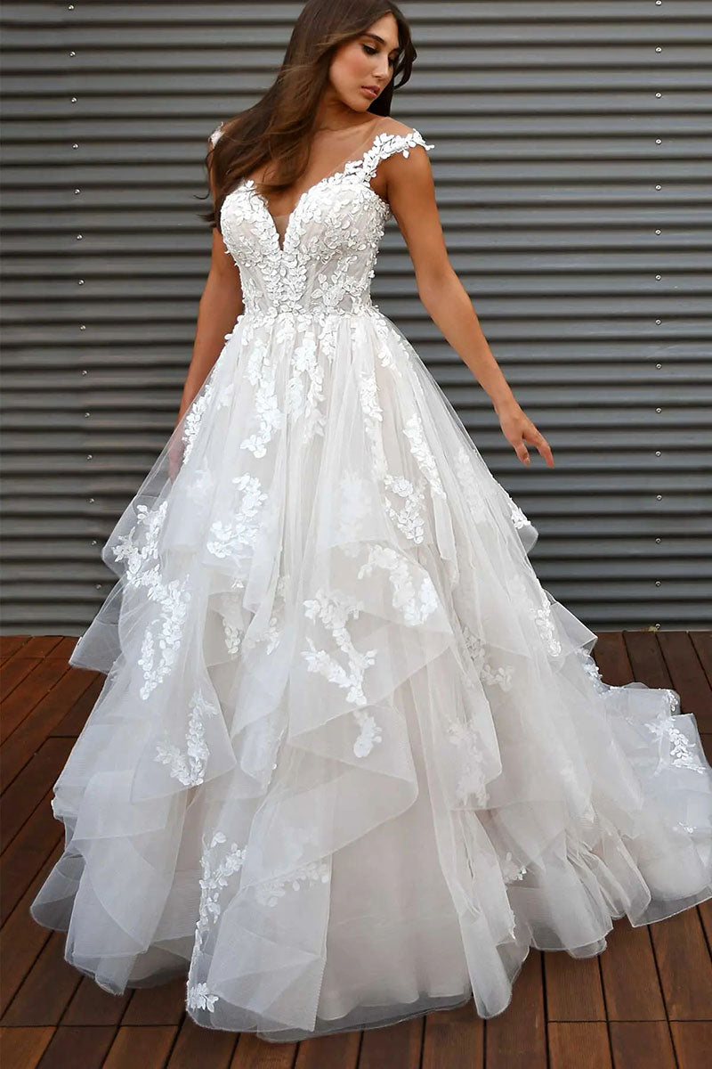 K1195 - V-Neck Lace Appliqued Tulle Ball Wedding Dress With Sweep Train