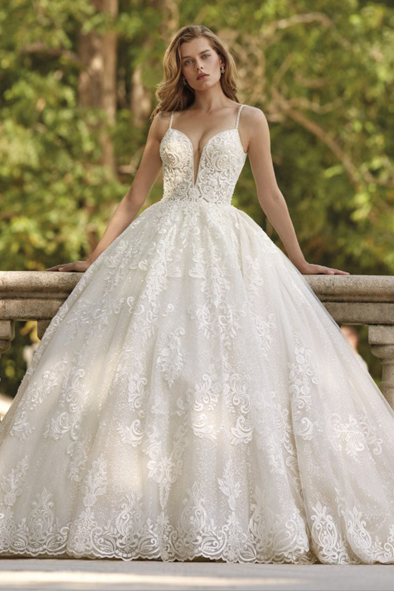 K1197 - Low V-Neck Lace Appliqued Long Ball Wedding Gown With Sweep Train