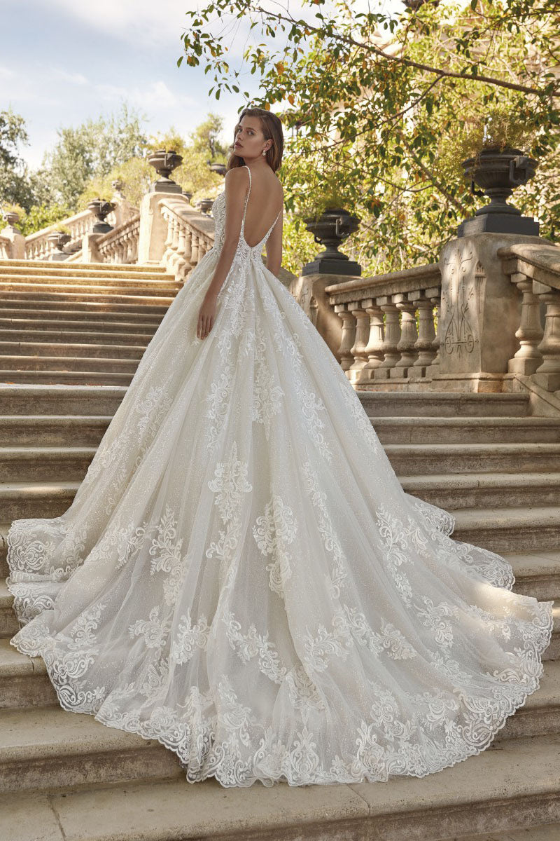 K1197 - Low V-Neck Lace Appliqued Long Ball Wedding Gown With Sweep Train