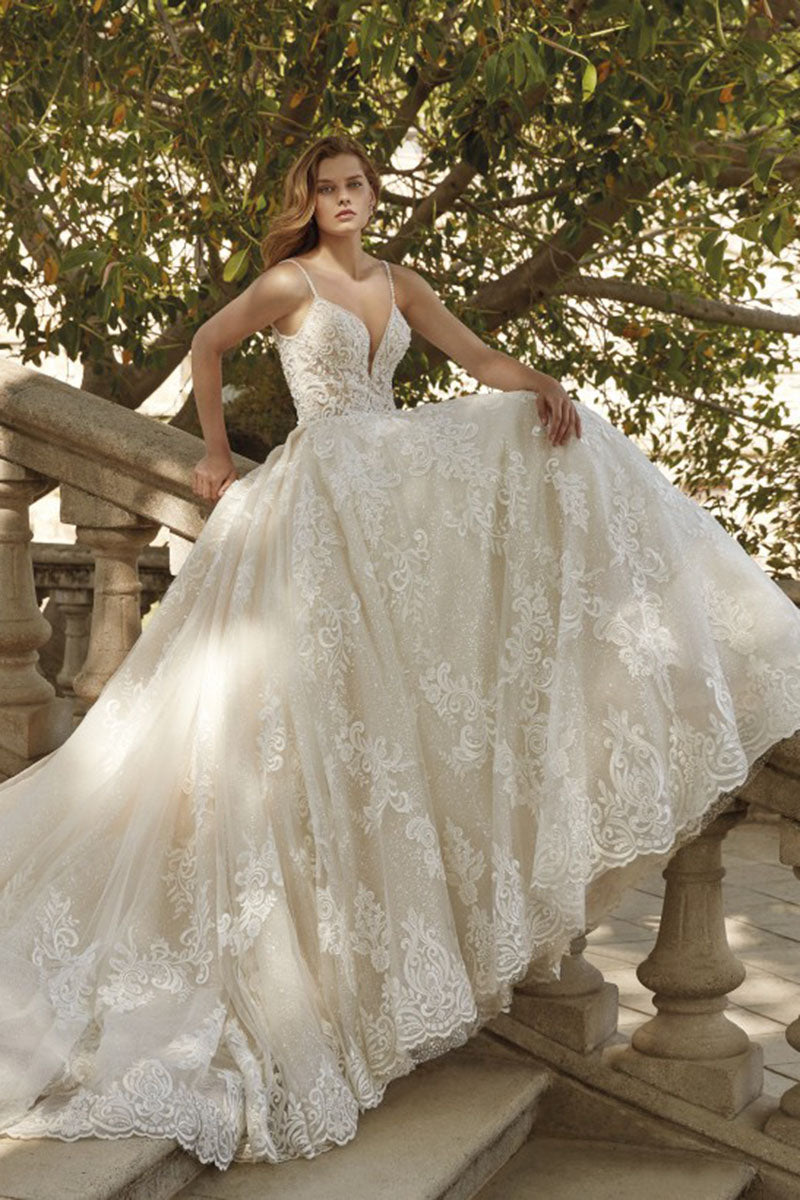 K1197 - Low V-Neck Lace Appliqued Long Ball Wedding Gown With Sweep Train