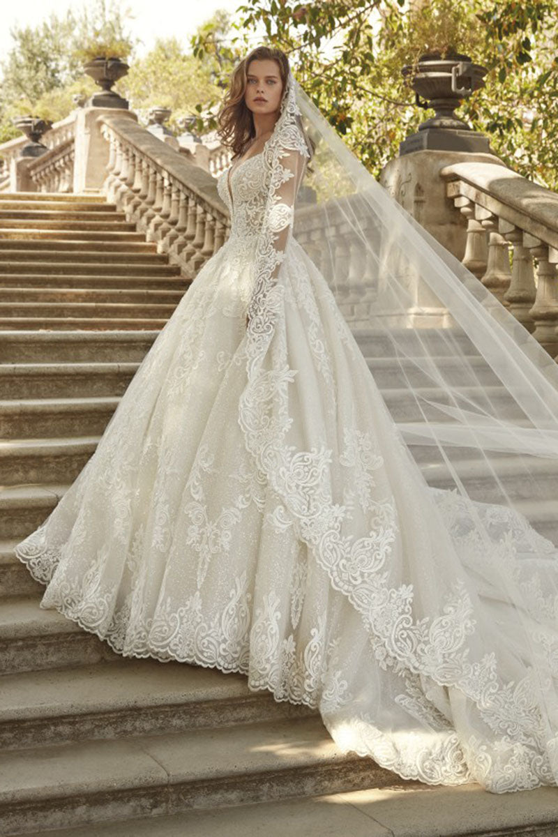 K1197 - Low V-Neck Lace Appliqued Long Ball Wedding Gown With Sweep Train