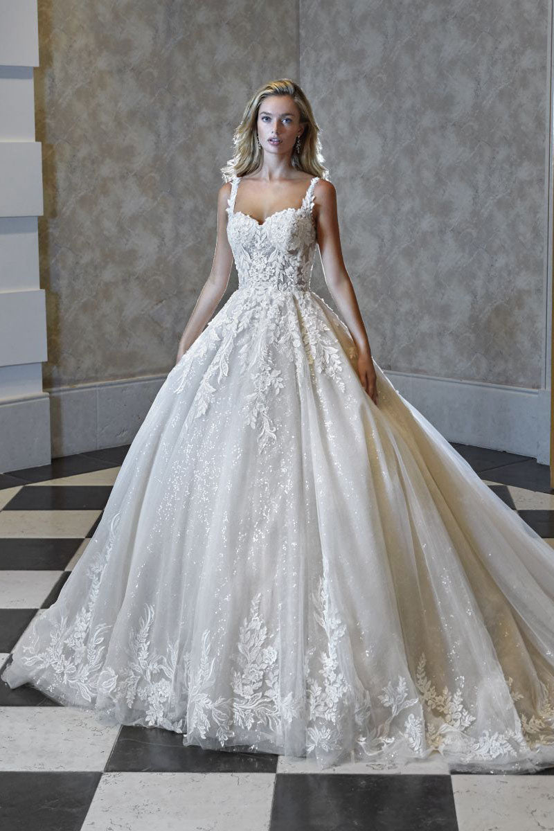 K1198 - Sweetheart Lace Appliqued Long Ball Wedding Gown With Sweep Train