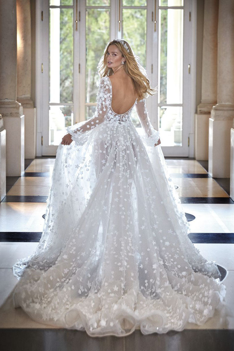 K1199 - Low V-Neck Long Sleeves Lace Appliqued Sheer A-Line Wedding Gown