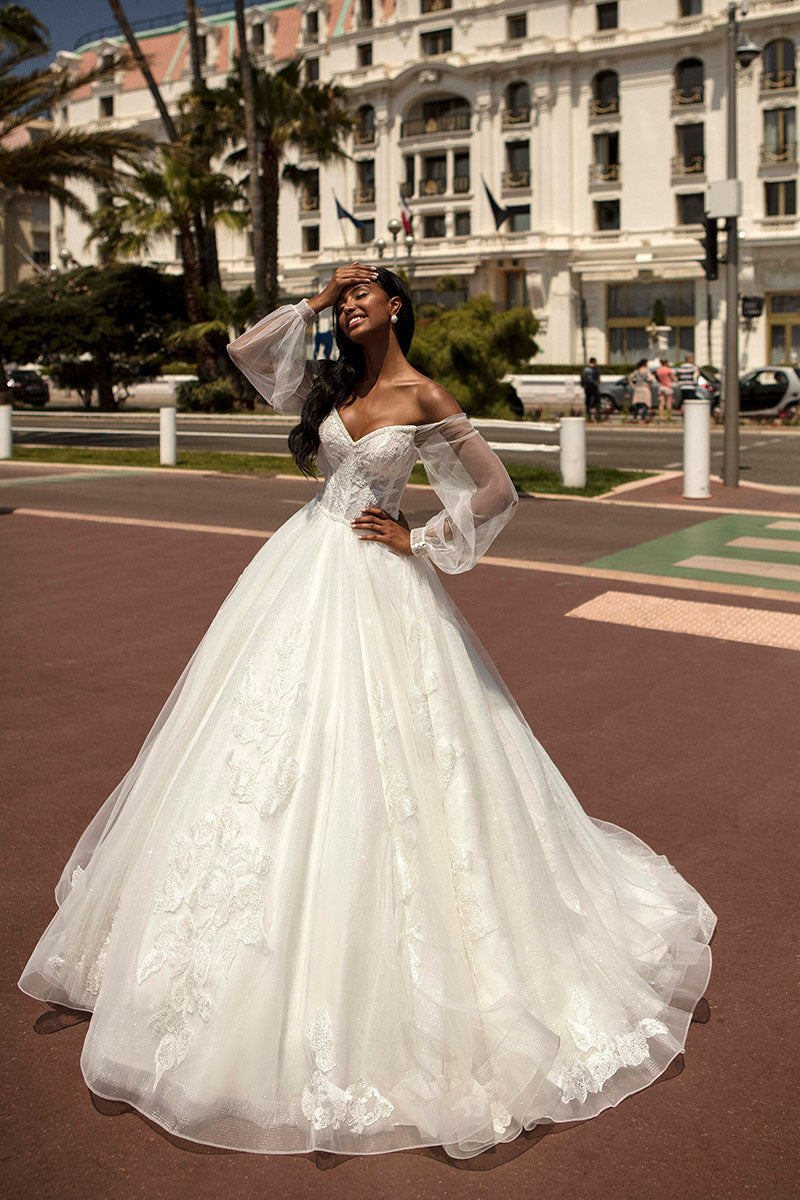 K1200 - Sweetheart Off-Shoulder Lace Appliqued Long Ball Wedding Gown