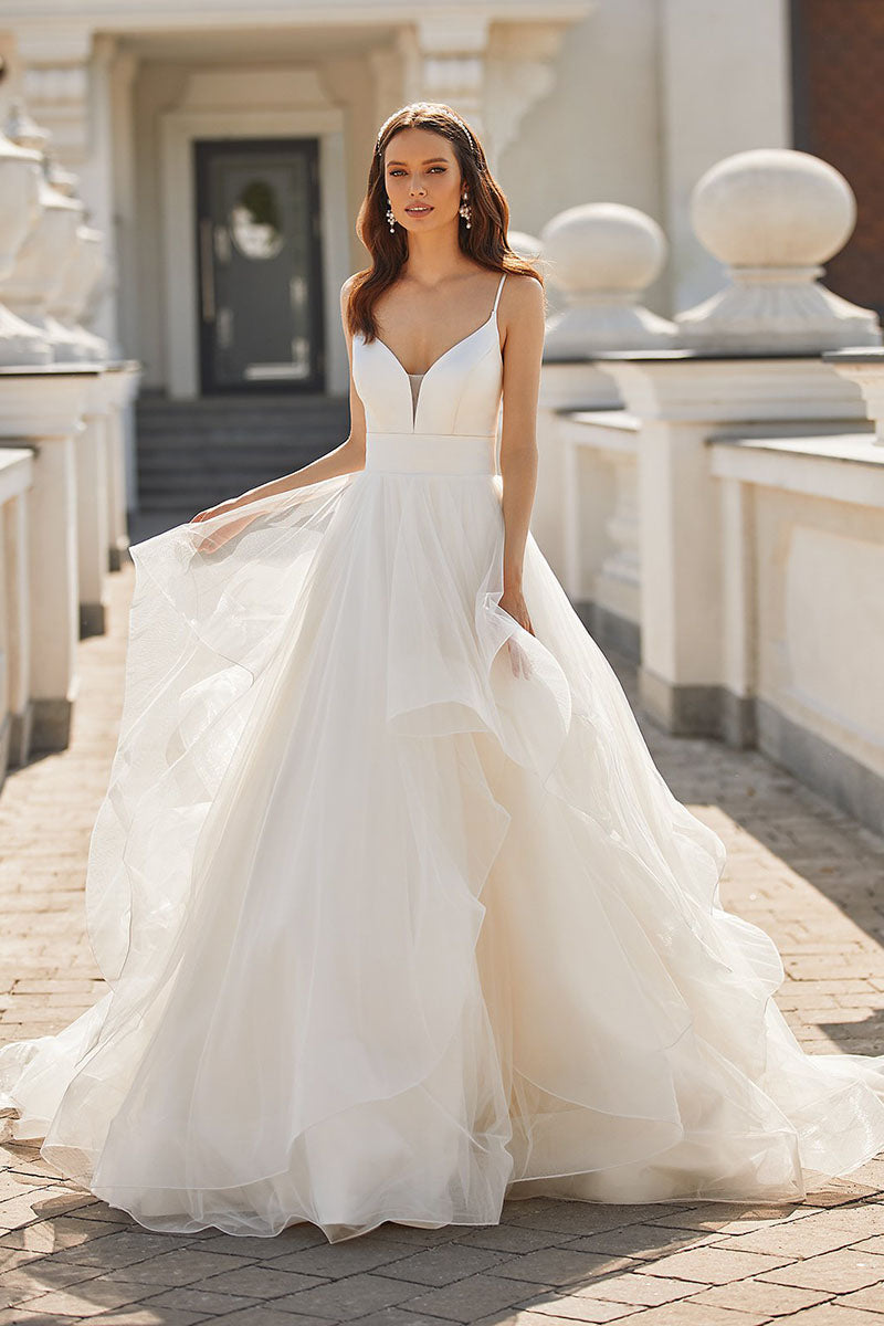 K1201 - Low V-Neck Spaghetti Straps Satin Tulle Long Ball Wedding Gown