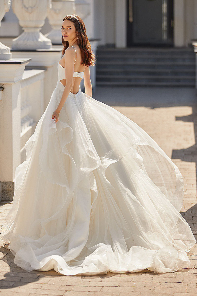 K1201 - Low V-Neck Spaghetti Straps Satin Tulle Long Ball Wedding Gown