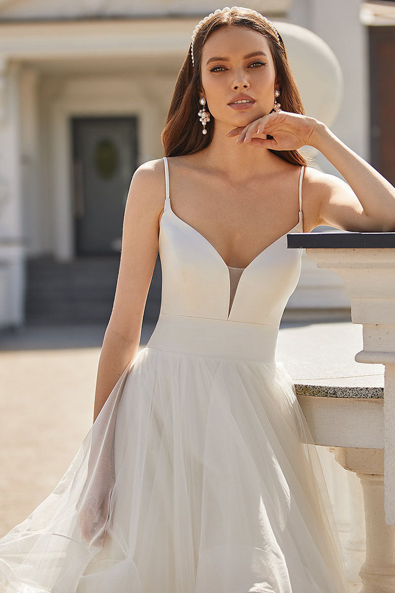 K1201 - Low V-Neck Spaghetti Straps Satin Tulle Long Ball Wedding Gown