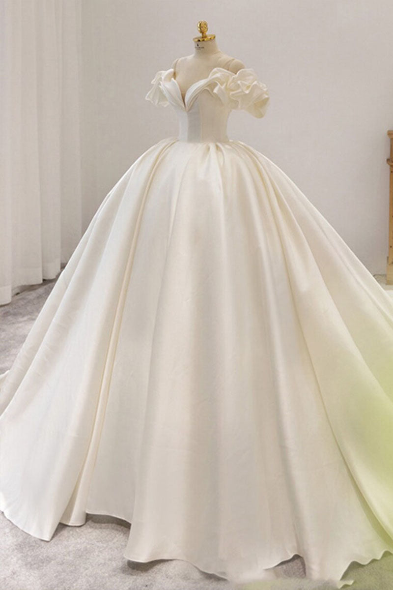 K1202 - Sweetheart Short Sleeves Ruched Satin Long Ball Wedding Gown