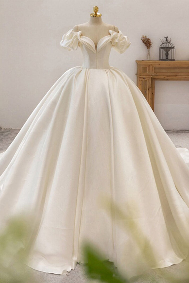 K1202 - Sweetheart Short Sleeves Ruched Satin Long Ball Wedding Gown