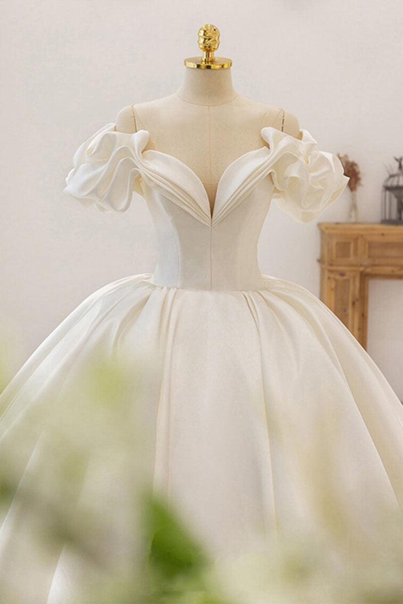 K1202 - Sweetheart Short Sleeves Ruched Satin Long Ball Wedding Gown