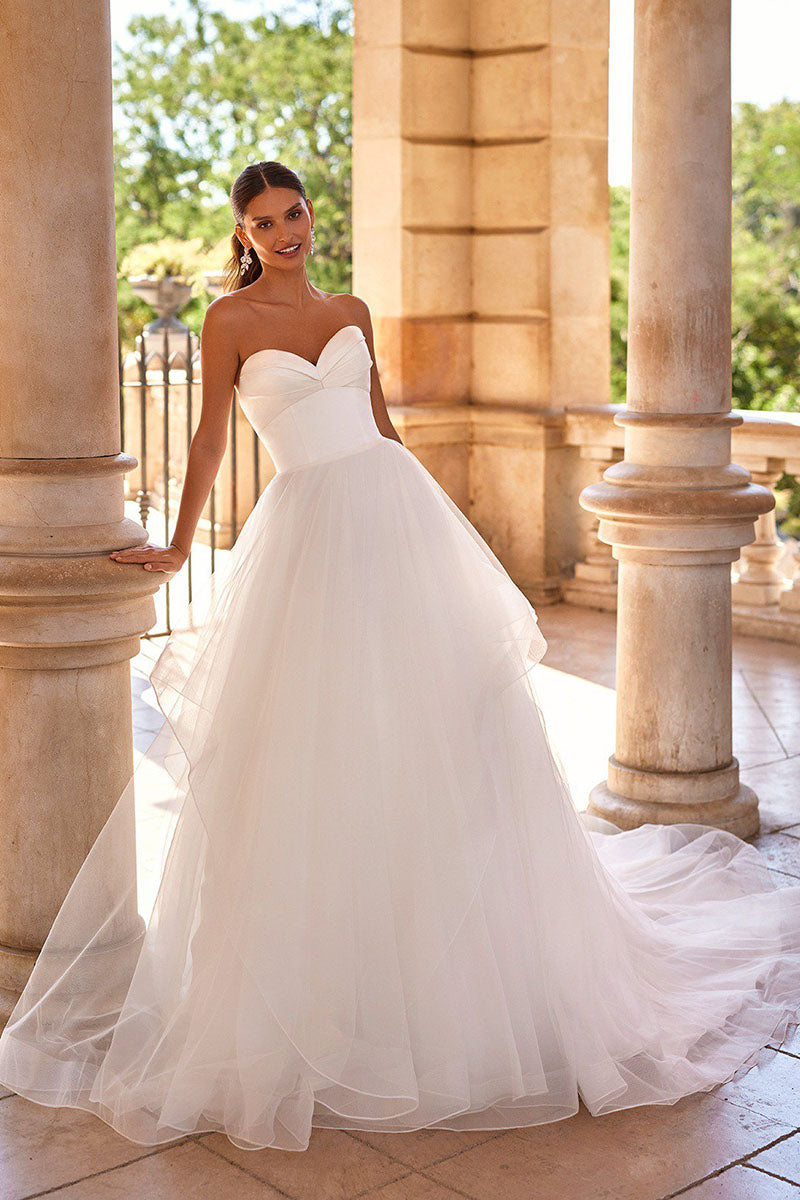 K1203 - Sweetheart Strapless Ruched Satin Tulle Long Ball Wedding Gown