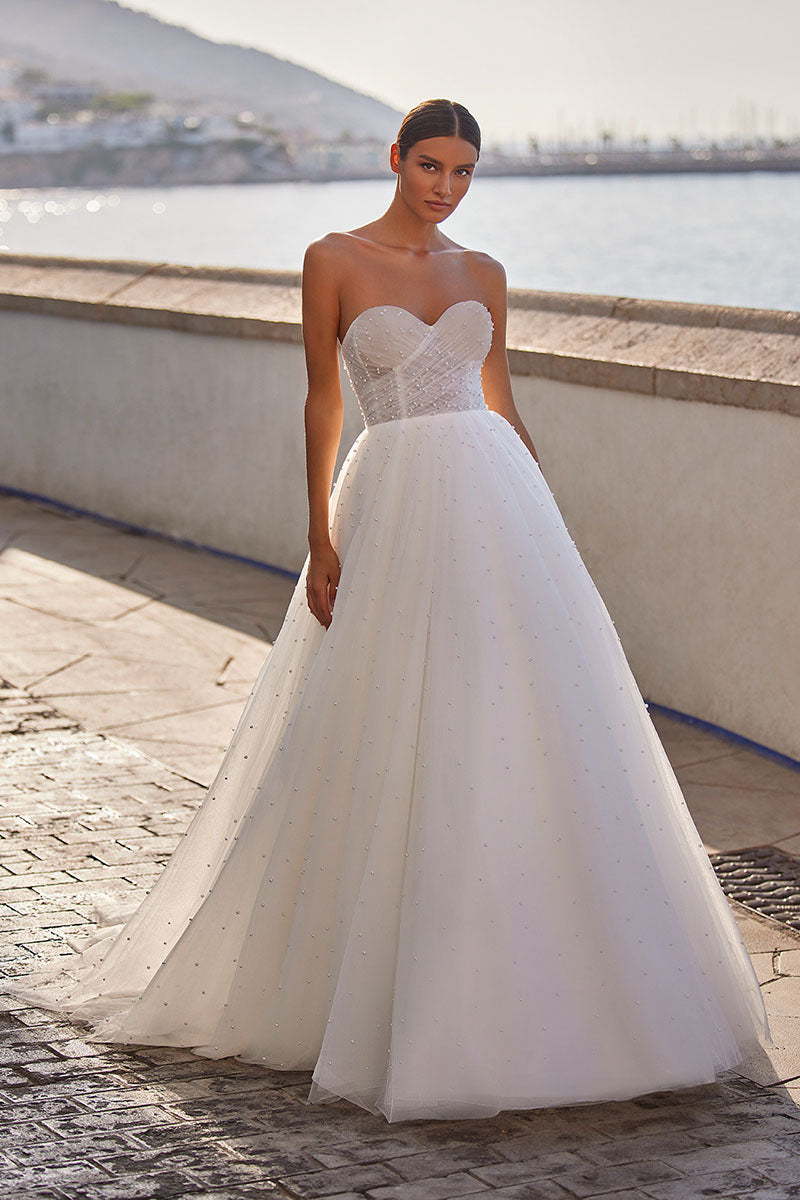 K1204 - Sweetheart Strapless Off-Shoulder Ruched Tulle Ball Wedding Gown