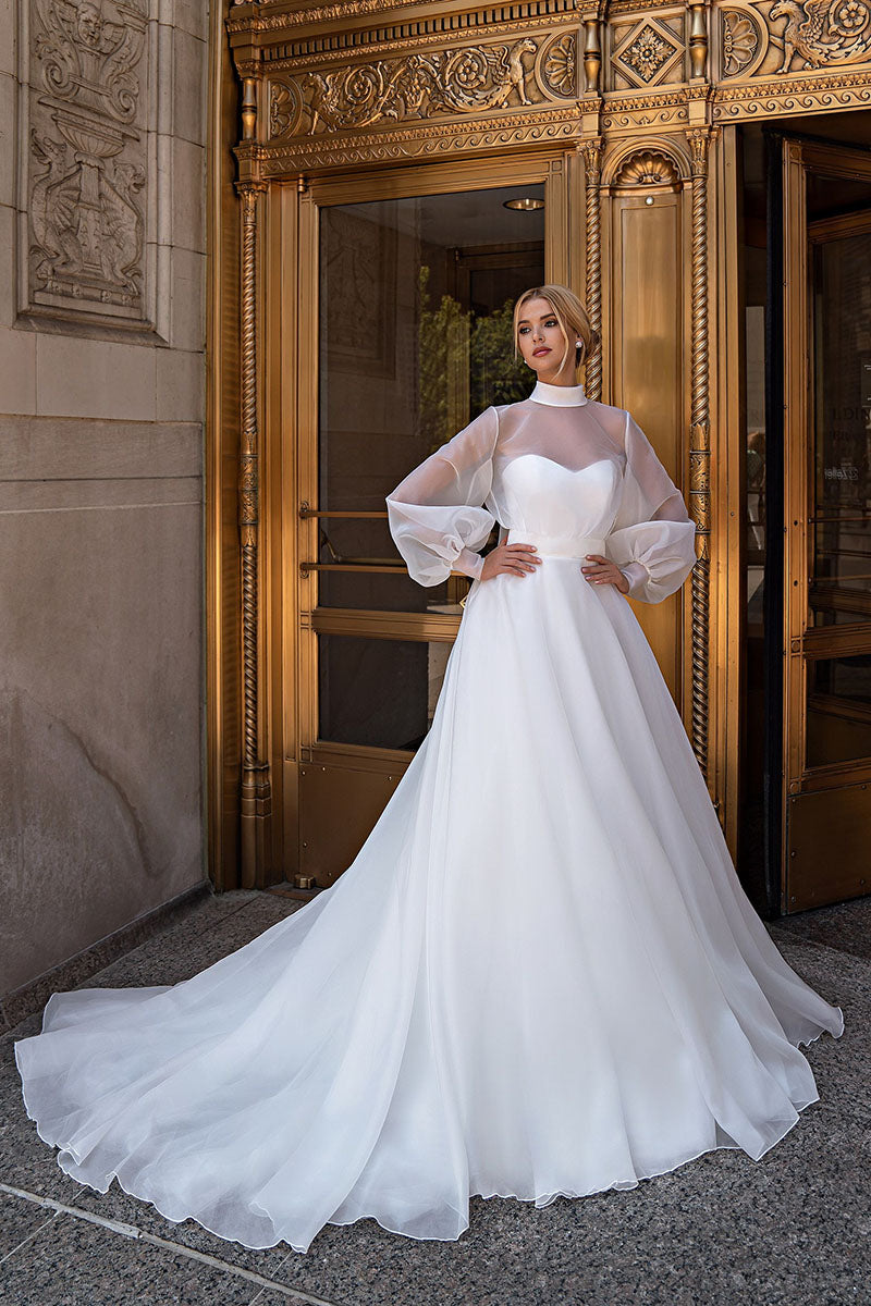 K1206 - High Neck Long Sleeves Sheer Satin A-Line Long Wedding Dress