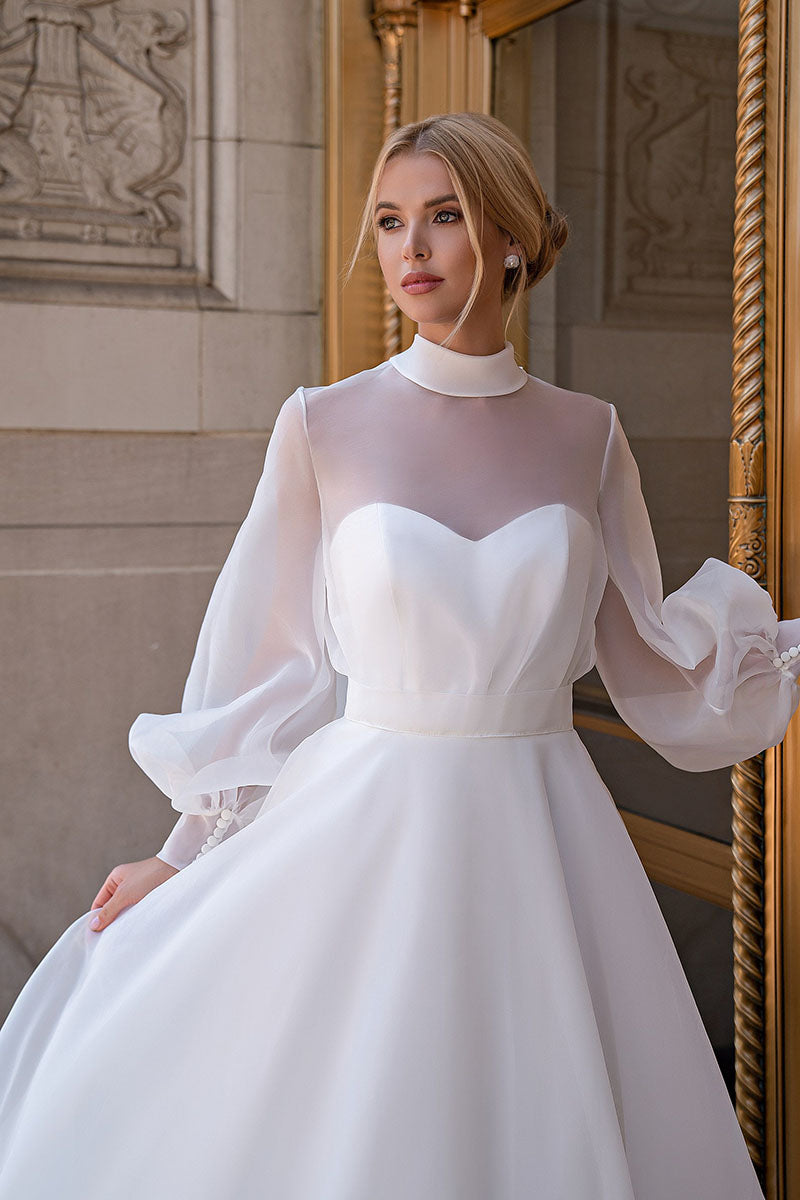 K1206 - High Neck Long Sleeves Sheer Satin A-Line Long Wedding Dress