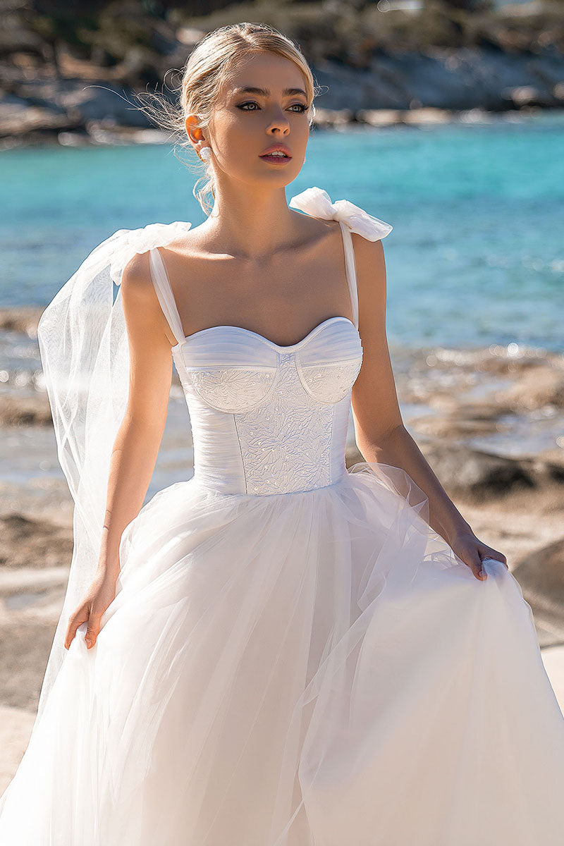 K1207 - Sweetheart Sleeveless Appliqued Satin Tulle A-Line Long Wedding Gown