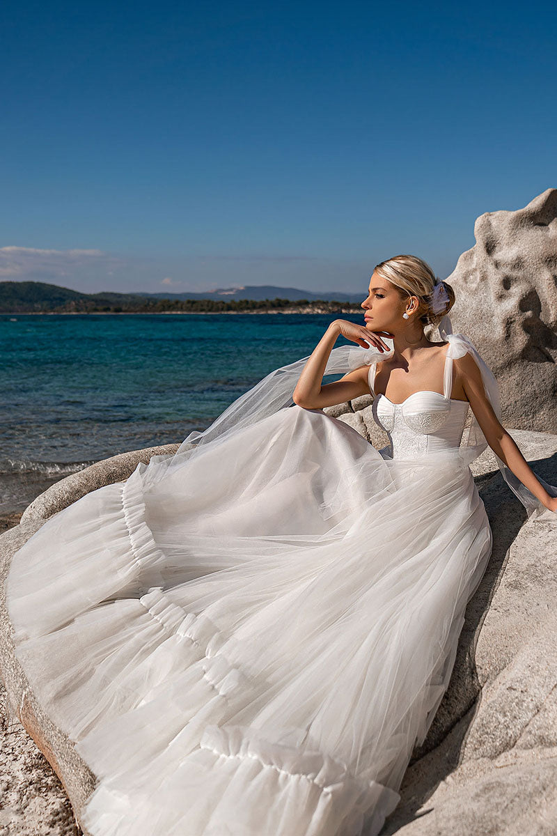 K1207 - Sweetheart Sleeveless Appliqued Satin Tulle A-Line Long Wedding Gown