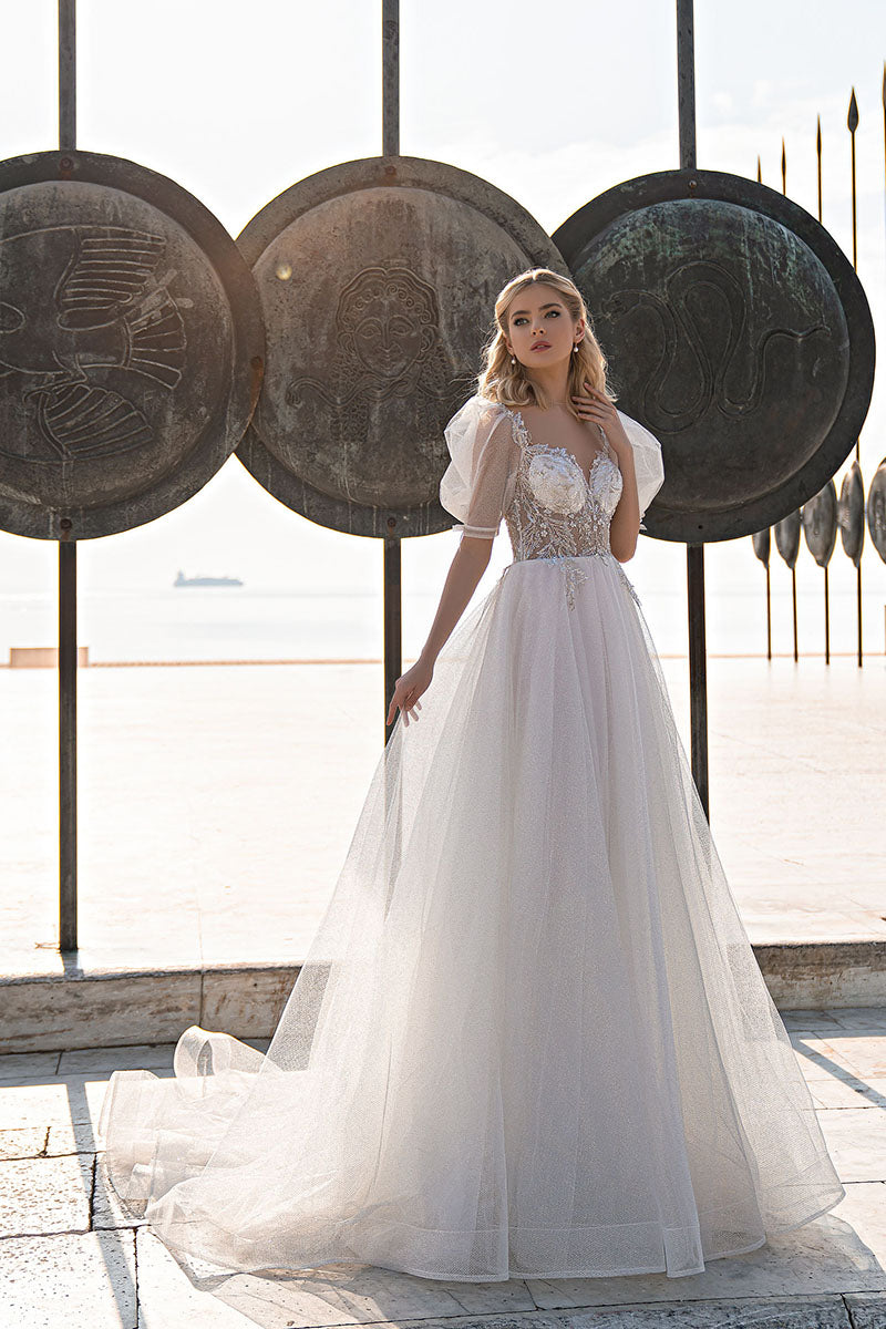 K1208 - Sweetheart Short Puff Sleeves Beaded Tulle A-Line Long Wedding Dress