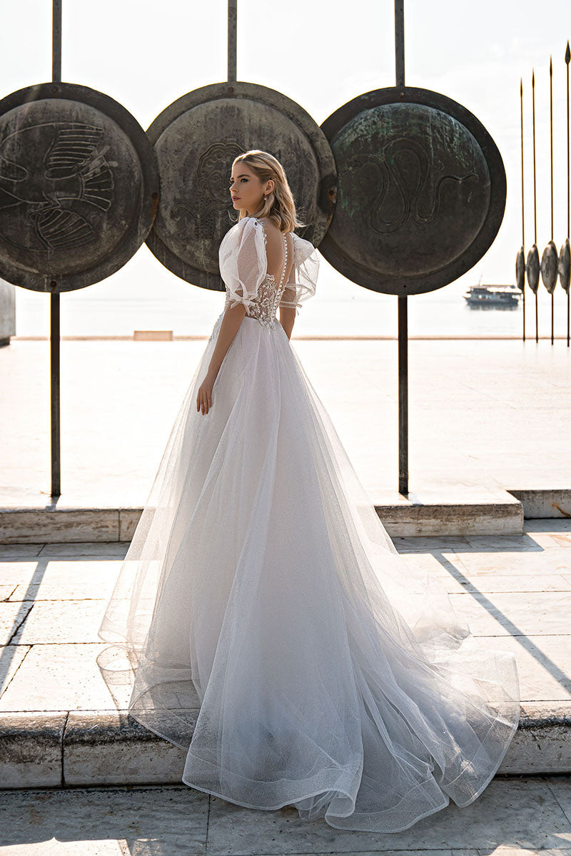 K1208 - Sweetheart Short Puff Sleeves Beaded Tulle A-Line Long Wedding Dress