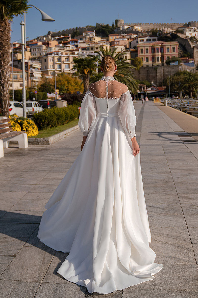 K1211 - HIgh Neck Long Sleeves Beaded Satin A-Line Long Wedding Dress