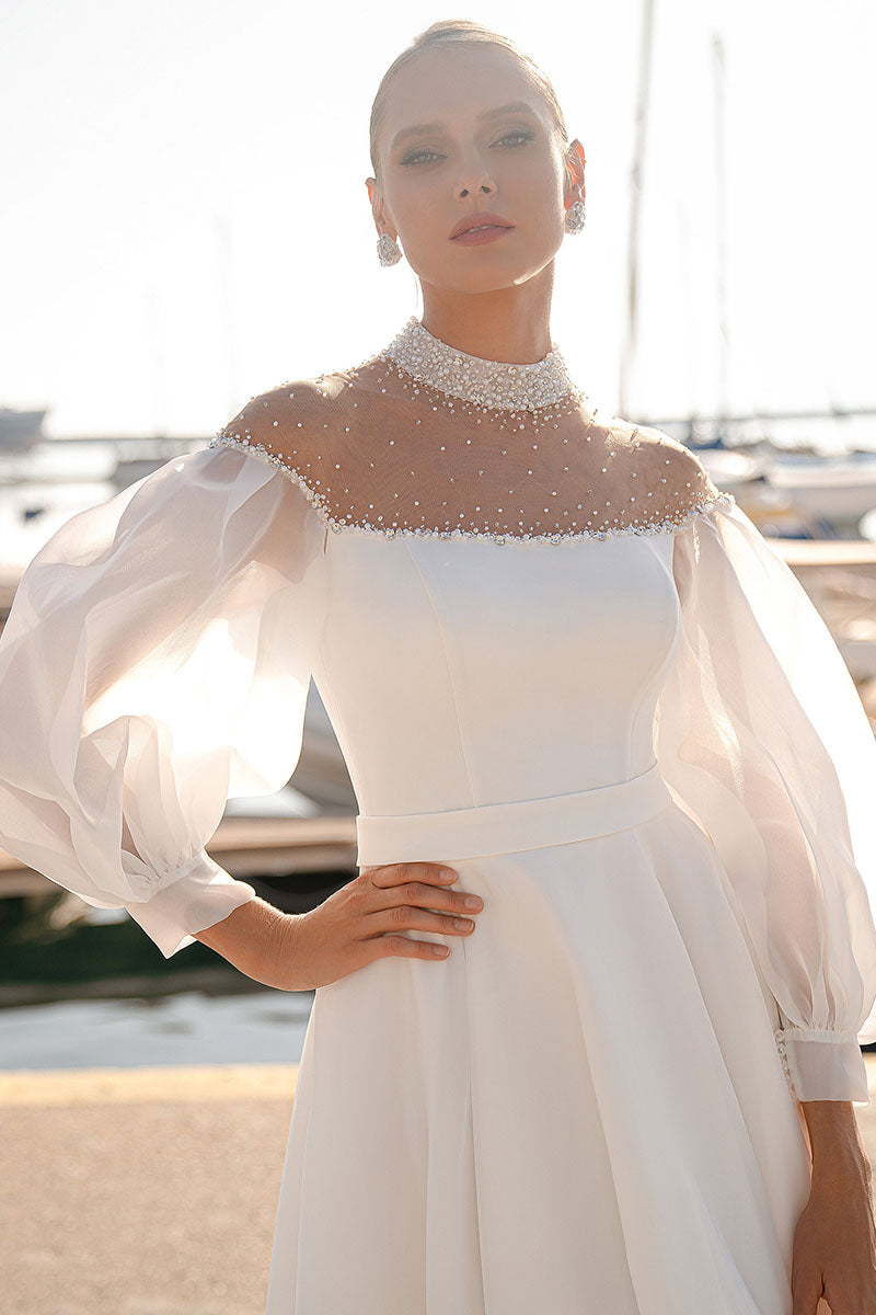 K1211 - HIgh Neck Long Sleeves Beaded Satin A-Line Long Wedding Dress