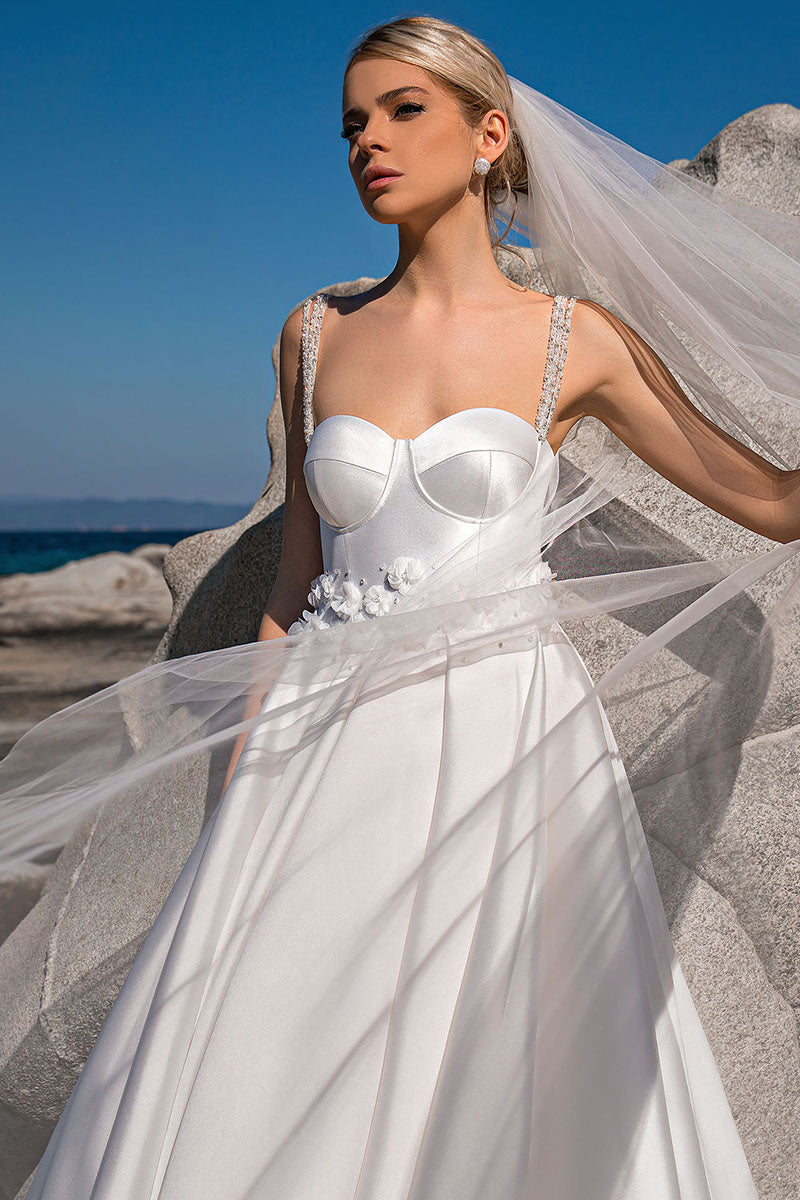 K1215 - Sweetheart Beaded Floral Satin Ball Wedding Gown With Sweep Train