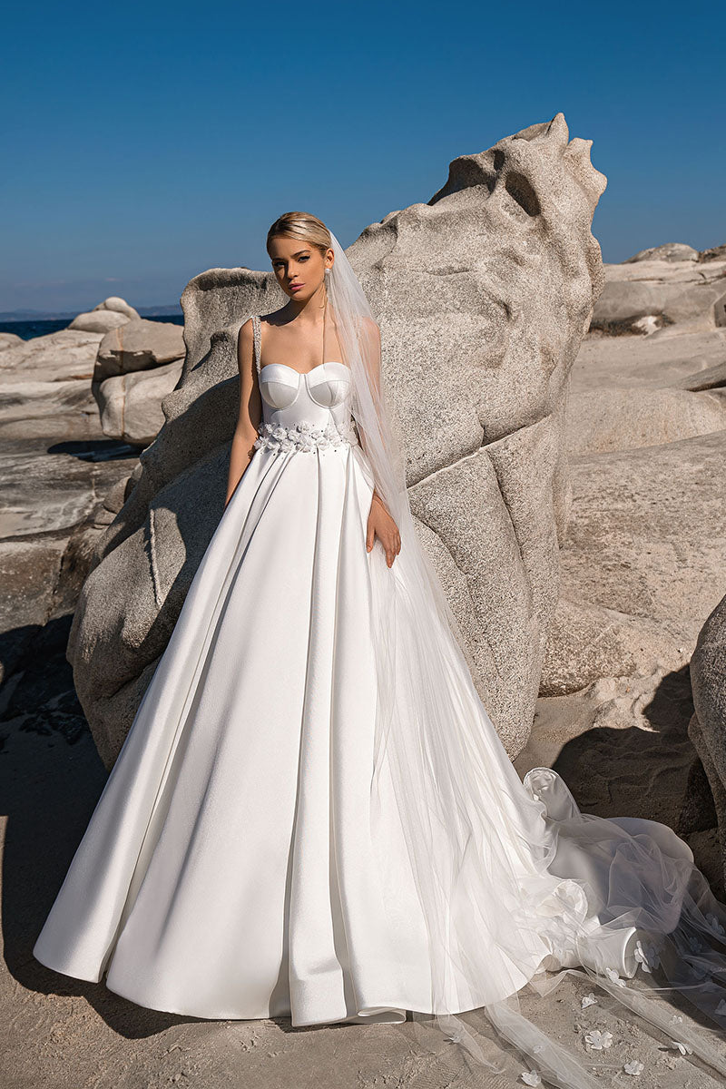 K1215 - Sweetheart Beaded Floral Satin Ball Wedding Gown With Sweep Train