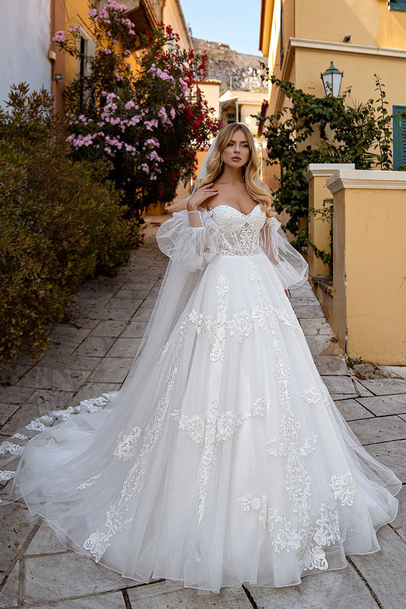 K1216 - Sweetheart Long Sleeves Lace Appliqued Tulle Ball Wedding Gown