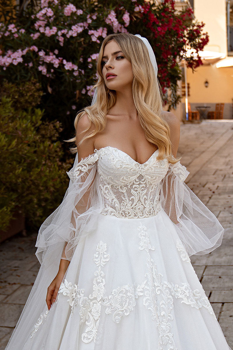 K1216 - Sweetheart Long Sleeves Lace Appliqued Tulle Ball Wedding Gown