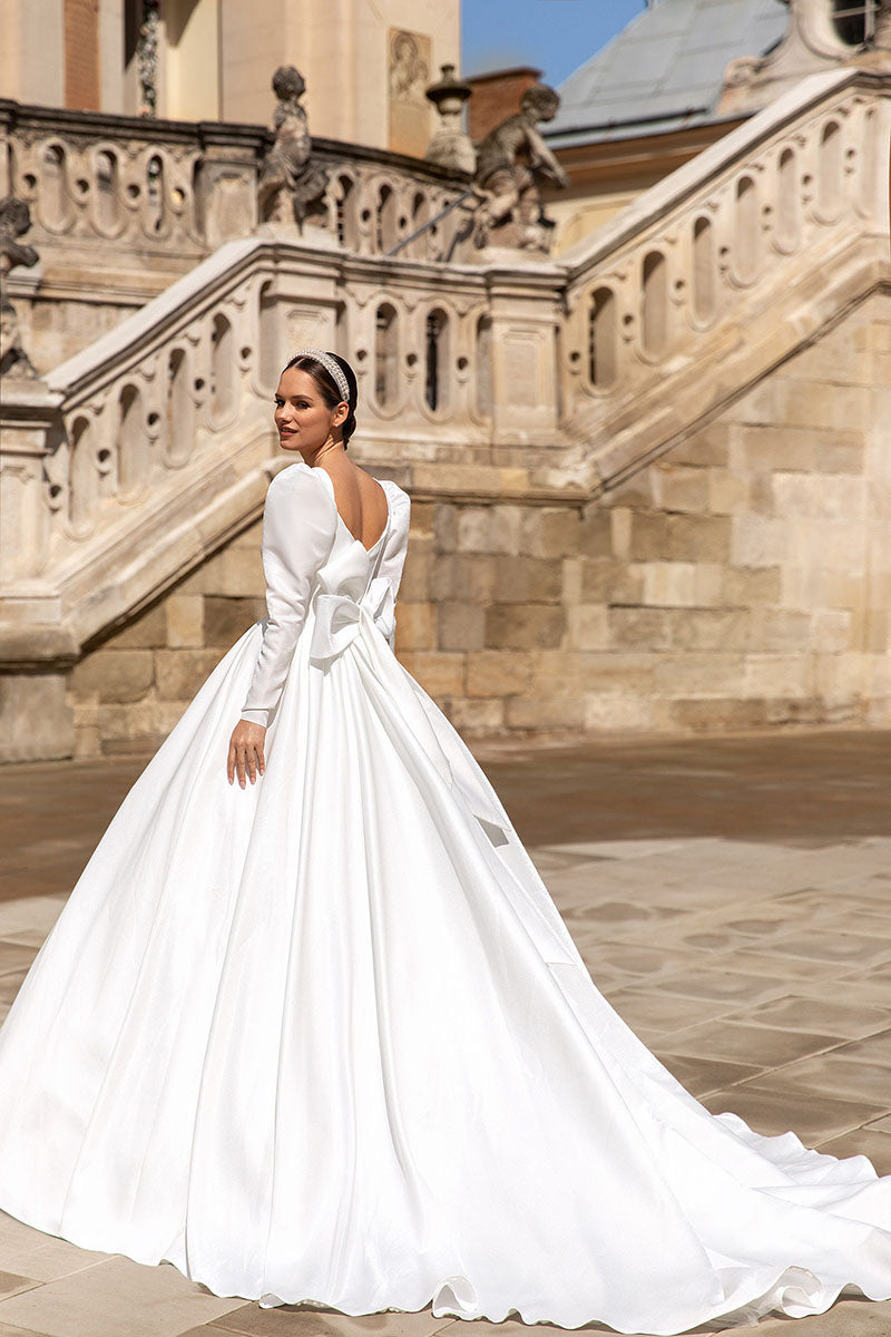 K1217 - Sweetheart Long Sleeves Satin Ball Wedding Gown With Sweep Train