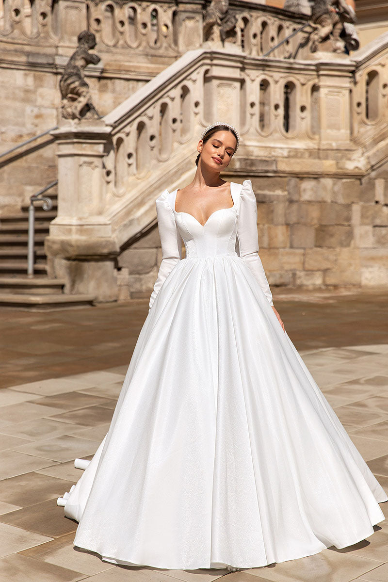 K1217 - Sweetheart Long Sleeves Satin Ball Wedding Gown With Sweep Train