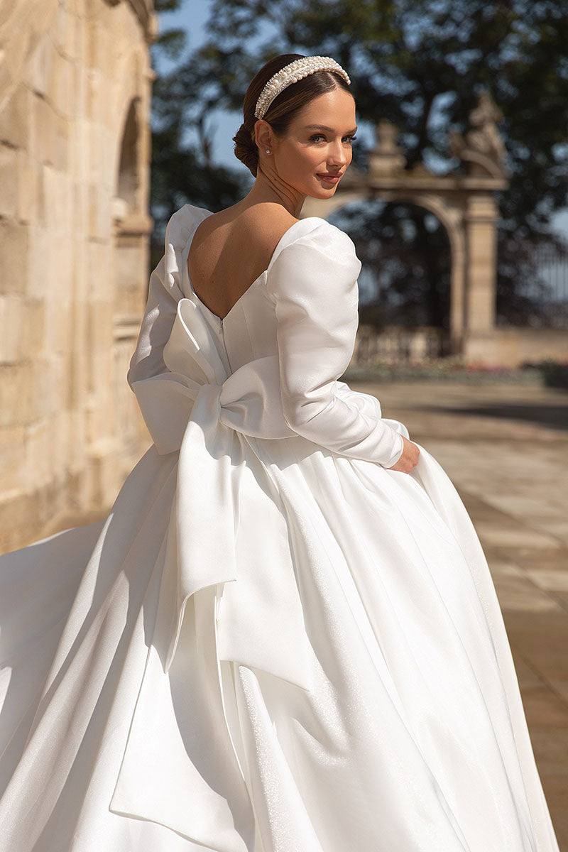 K1217 - Sweetheart Long Sleeves Satin Ball Wedding Gown With Sweep Train