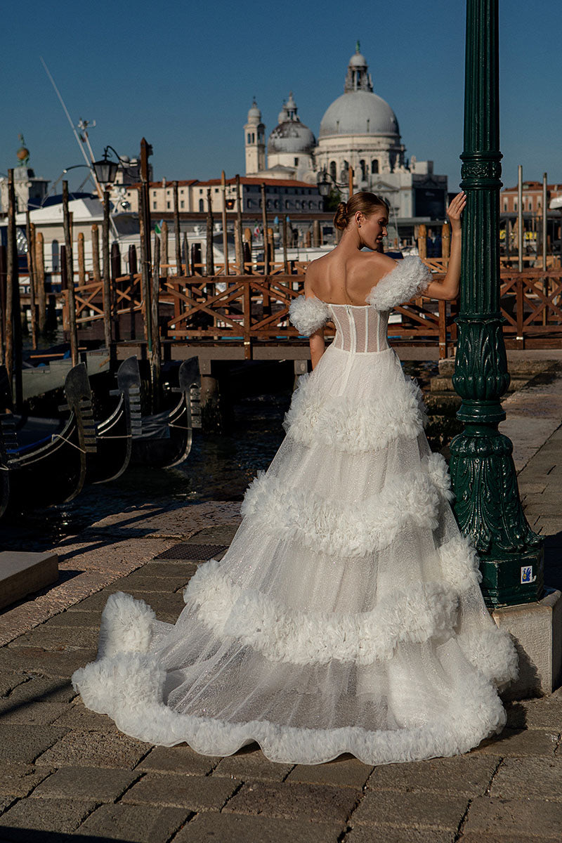 K1218 - Sweetheart Off-Shoulder Sheer Sparkly Tulle Ball Wedding Gown