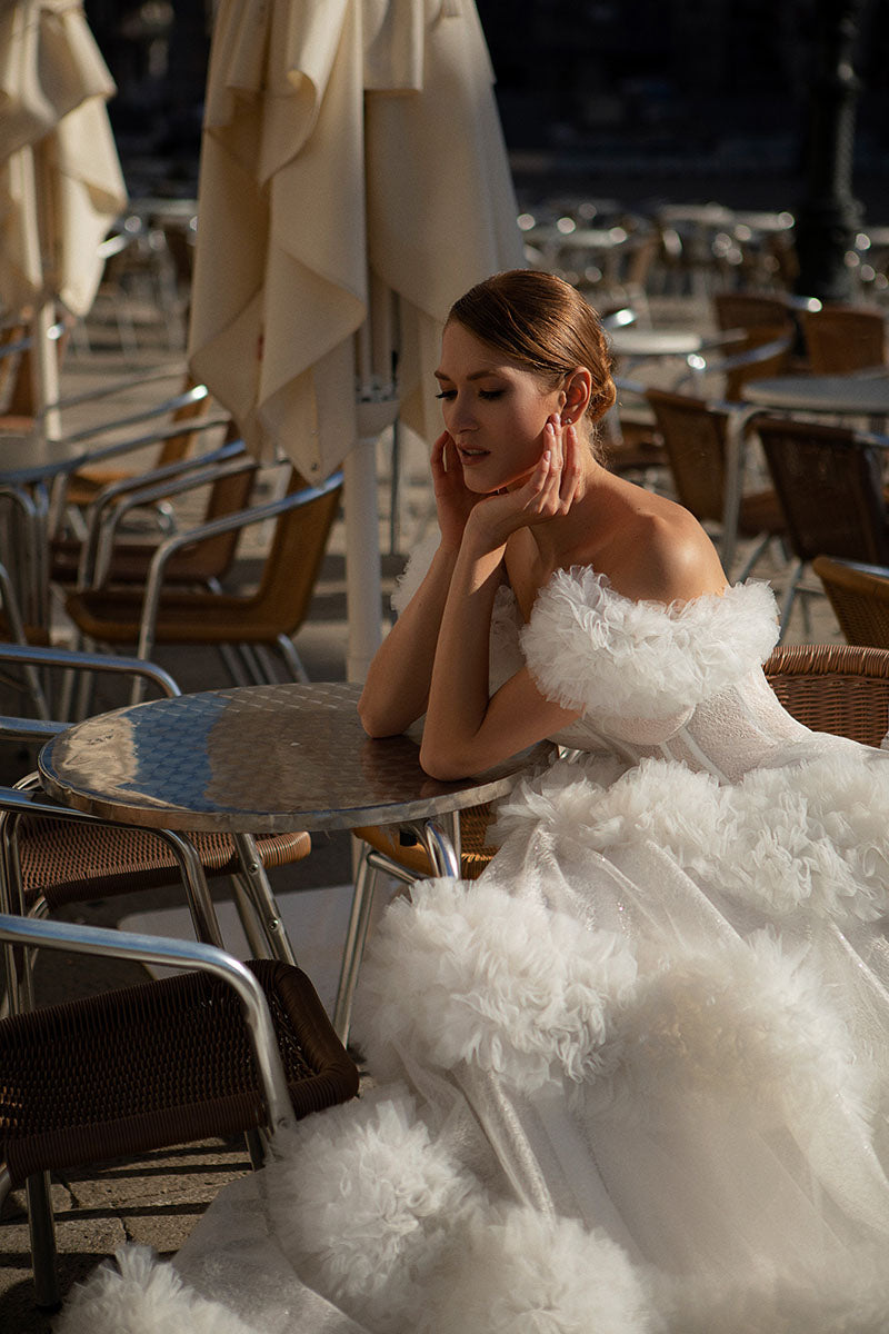 K1218 - Sweetheart Off-Shoulder Sheer Sparkly Tulle Ball Wedding Gown