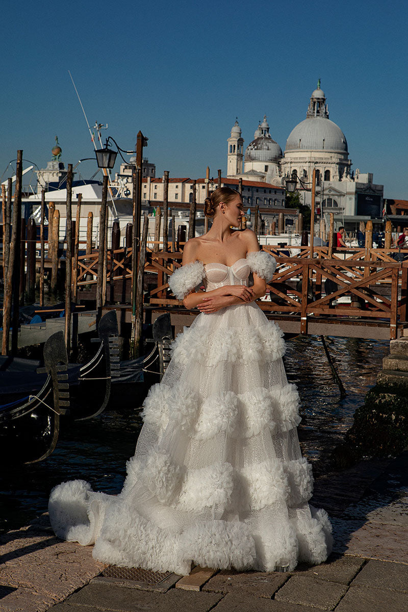 K1218 - Sweetheart Off-Shoulder Sheer Sparkly Tulle Ball Wedding Gown