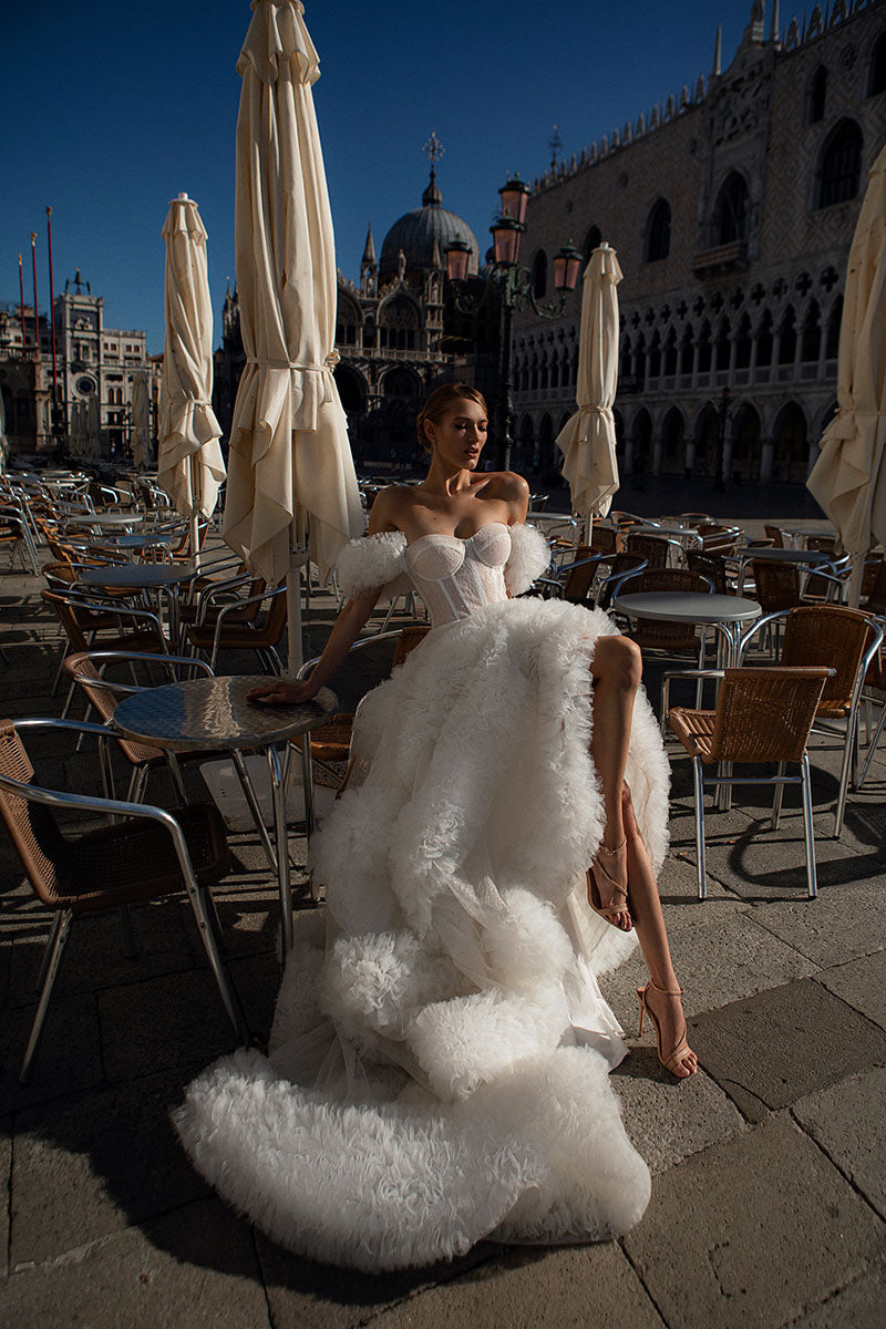 K1218 - Sweetheart Off-Shoulder Sheer Sparkly Tulle Ball Wedding Gown